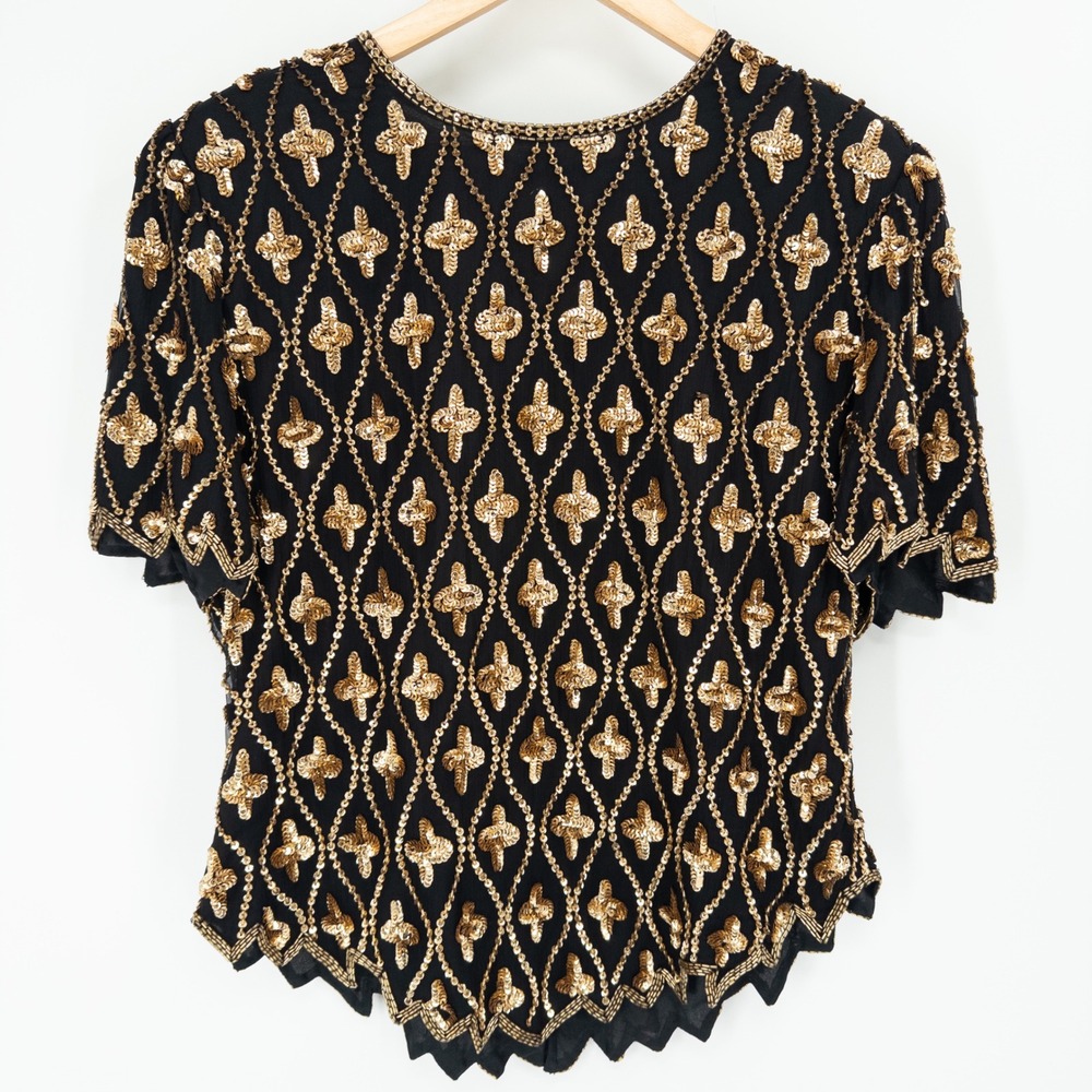 VTG Scala Silk Top Womens XL Gold Black Sequin Art Deco Holiday NYE Party Beaded